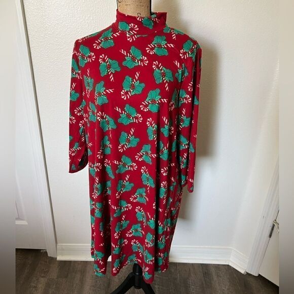 Celebrate Together Print Brushed 3/4 Sleeve Mock Neck Swing Dress-Large - Picture 1 of 6